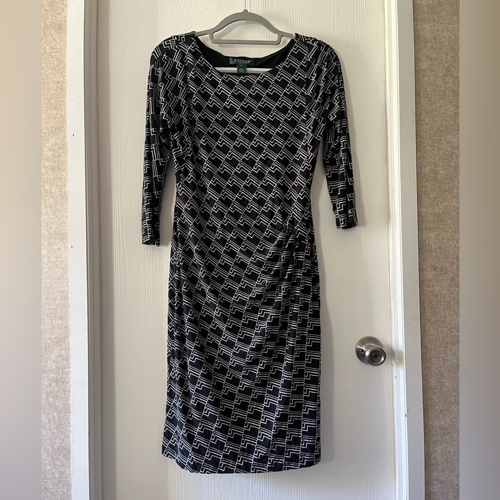 Ralph Lauren Black Slinky Mini-Dress with White Chevron Print